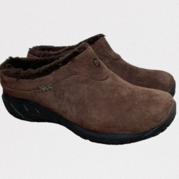 Merrell Encore Ice Suede Leather Faux Fur Slip-On Clog Sz 9 Brown WORN ONCE - Picture 1 of 9